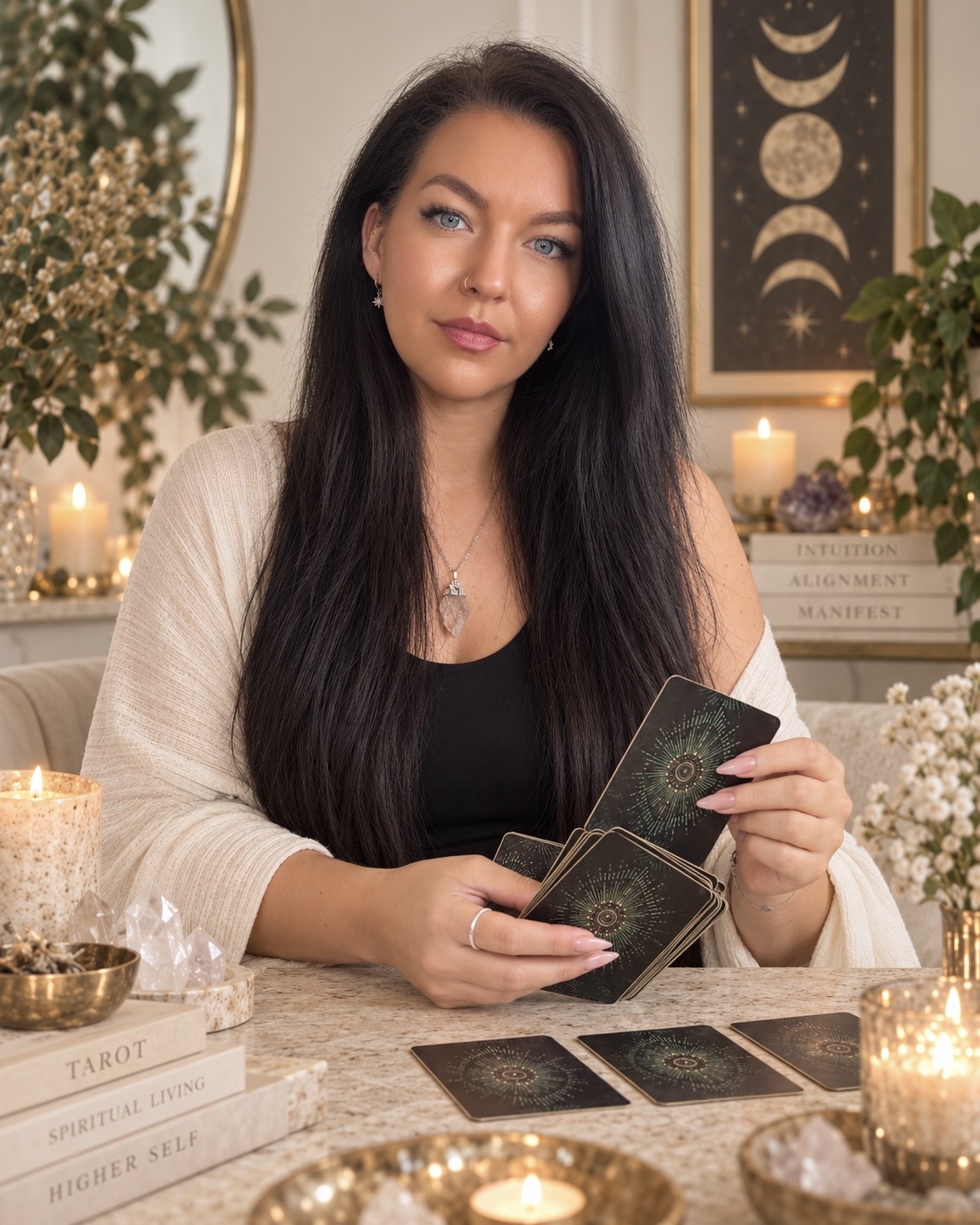 Chelsie of The Divine Room laying a tarot spread by candlelight