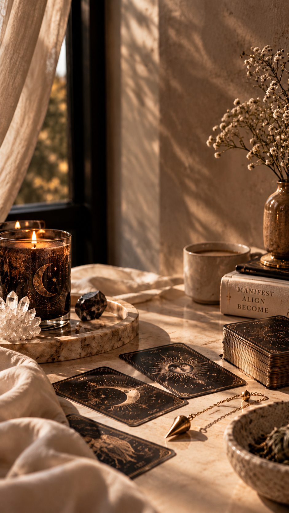 Tarot cards, a candle, pendulum and crystals arranged in warm window light