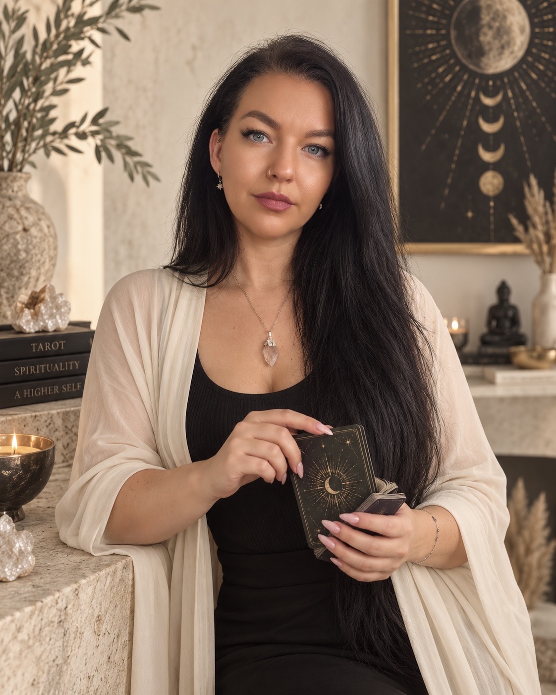 Chelsie, owner of The Divine Room, holding tarot cards