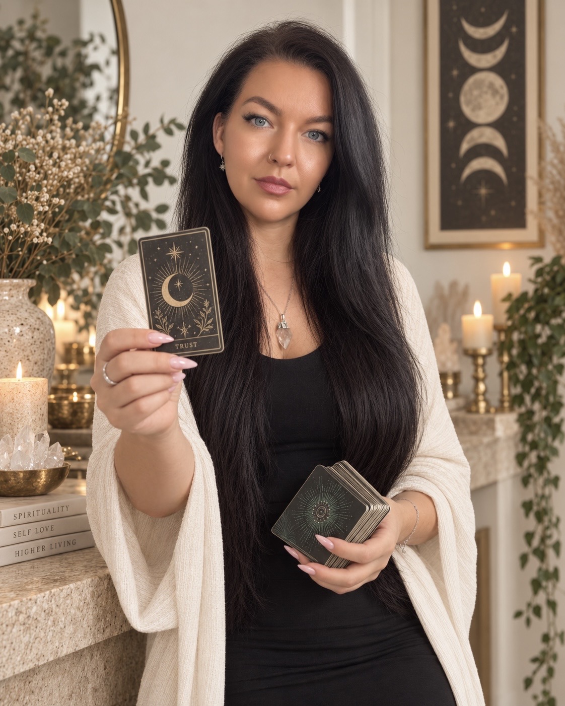 Chelsie, owner of The Divine Room, holding tarot cards