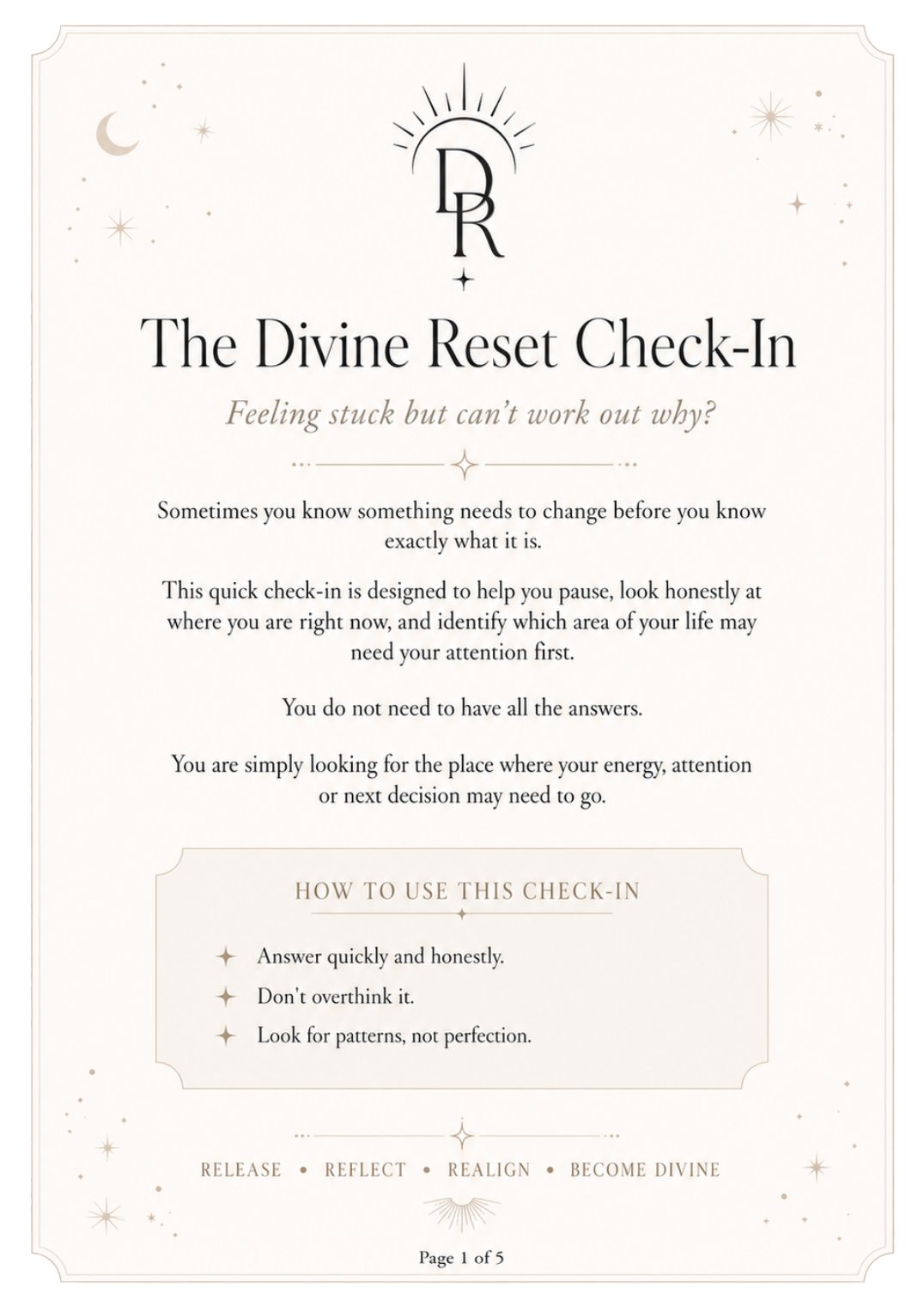 Cover of the five-page Divine Reset Check-In guide