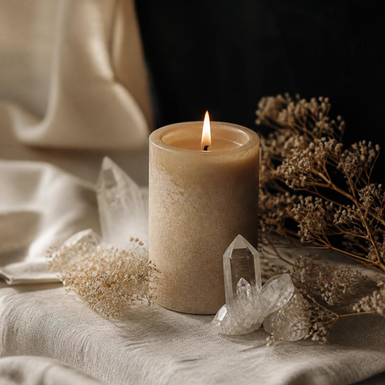 Beige pillar candle burning beside quartz crystals and dried flowers