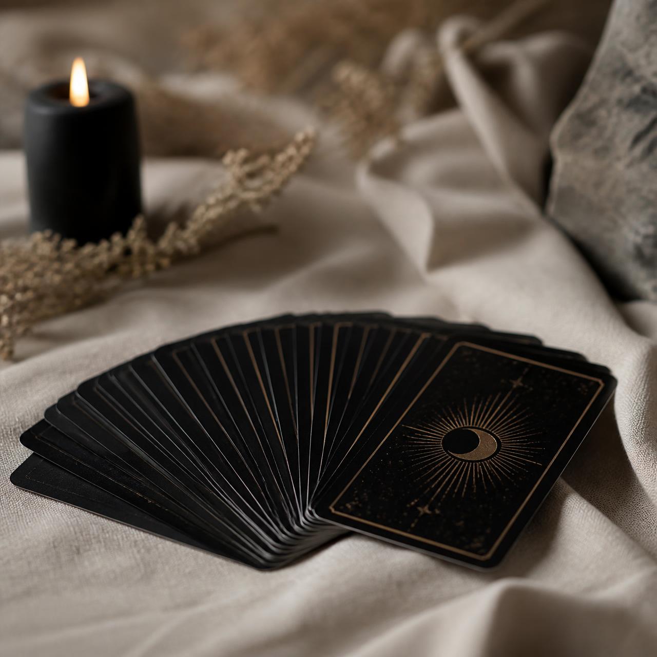 Black tarot cards fanned on beige linen with a black candle