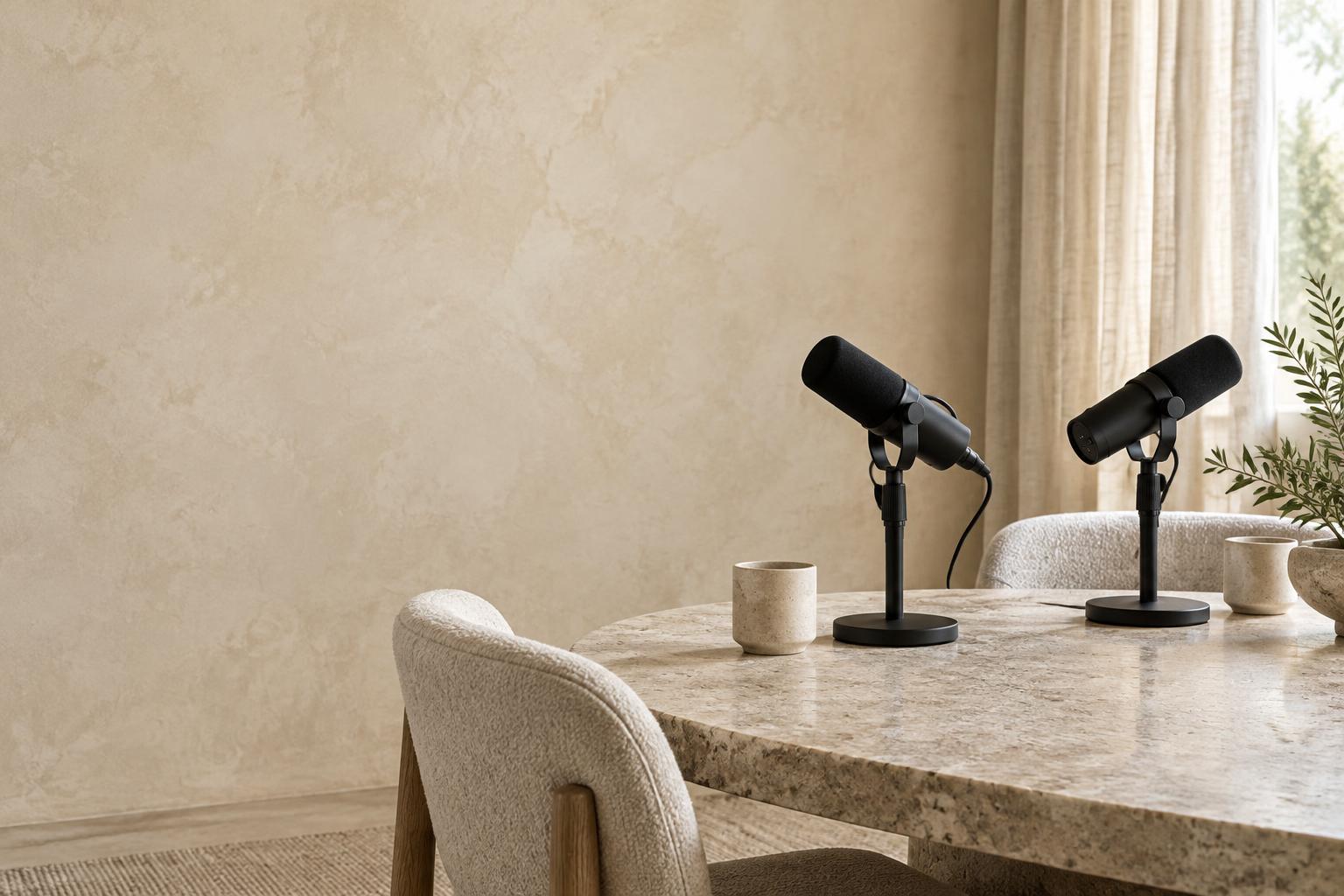 Two microphones in a cream and stone podcast studio — editorial illustration